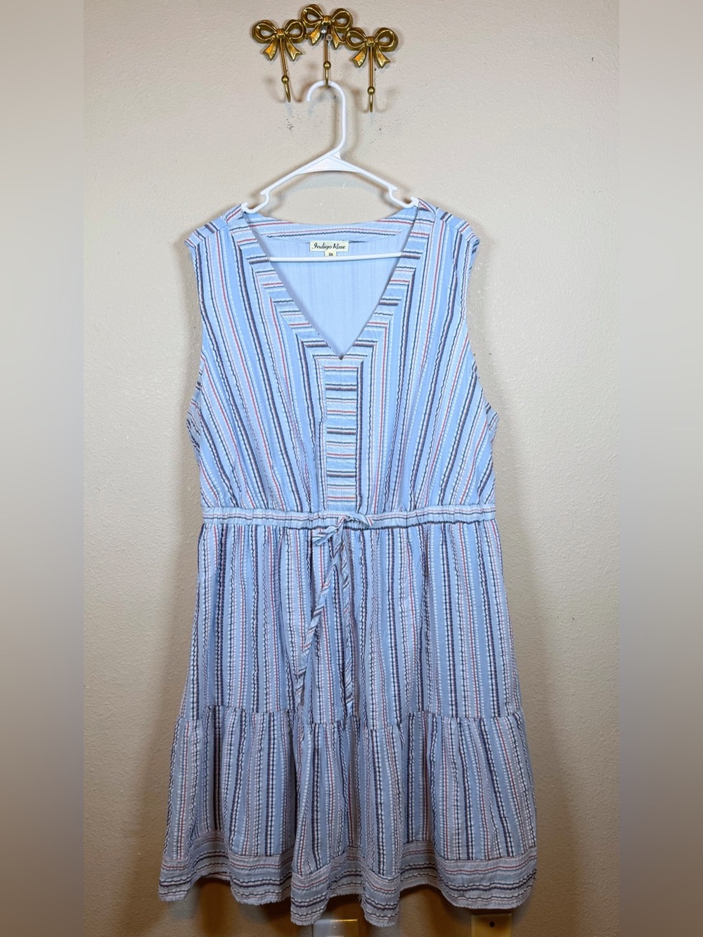 Indigo Rose Striped V-Neck Tie-Waist Midi Dress in Light Blue. Size 3X